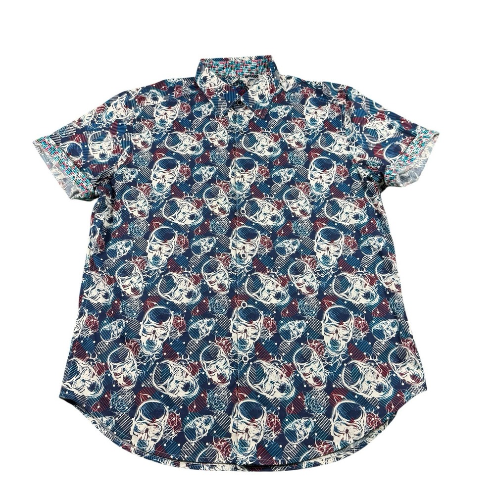 Robert Graham Mens Blue Red Skull AOP Short Sleeve Cotton Button Front Shirt L